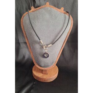 LAUREN Ralph Lauren Black Leather Cord Choker Necklace with RL Logo Pendant